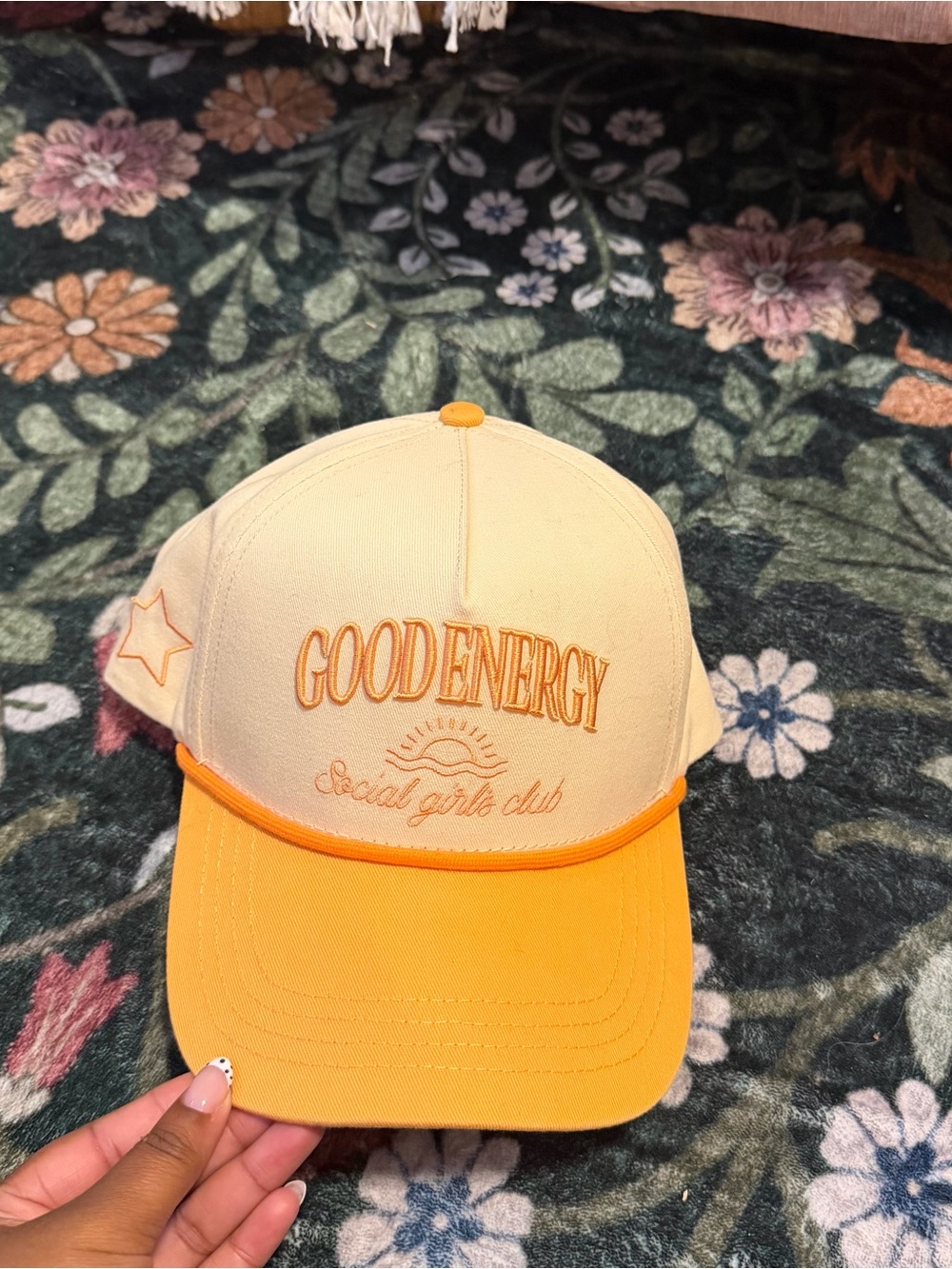 Good Energy Embroidered Cap in Cream & Orange